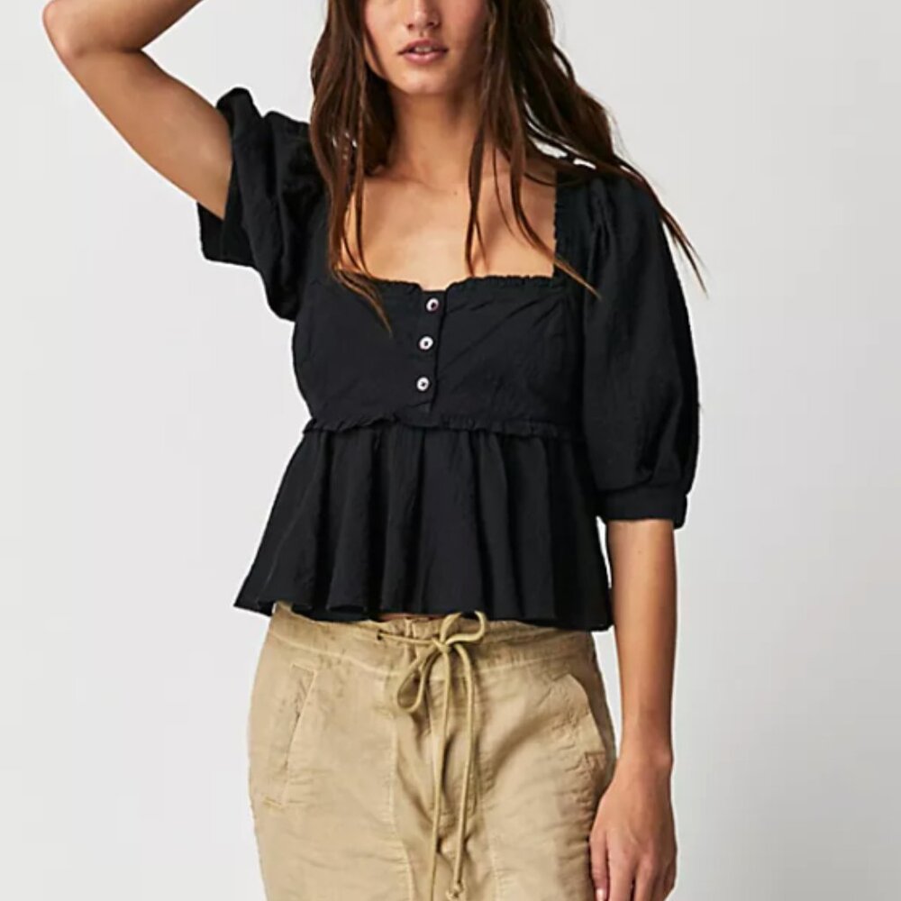 Free People Leave It To Me Top Babydoll Puff Sleeve Size Small Black - Picture 4 of 4